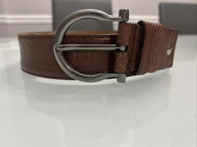 SALVATORE FERRAGAMO Wide Adjustable Brown Crocodile Gancini Belt 34