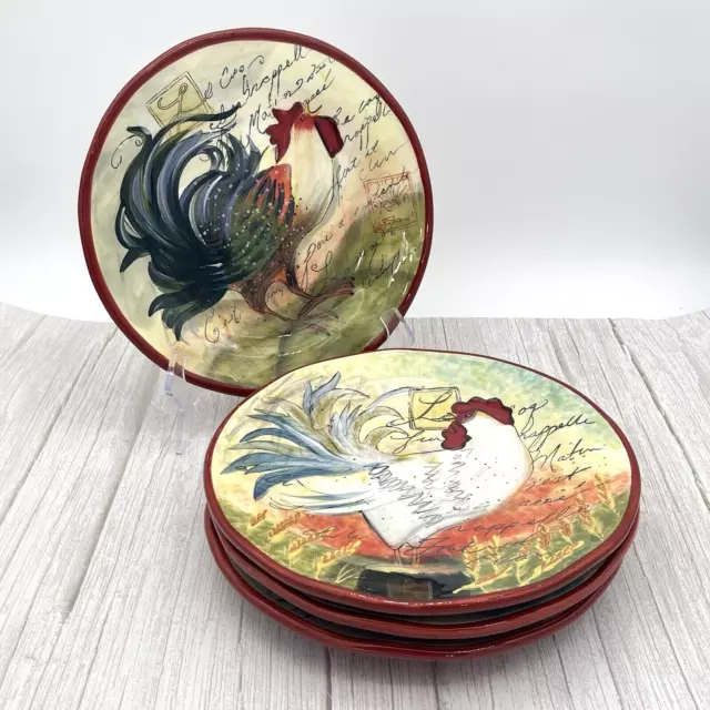 Susan Winget Rooster Dinner Plates Country French Words 4 Patterns - Set of 4