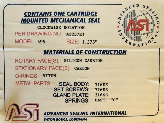 ASI, mechanical seal, Model 595, 1-3/8", 1.375, 34.925 mm CW Rotation, Cartridge