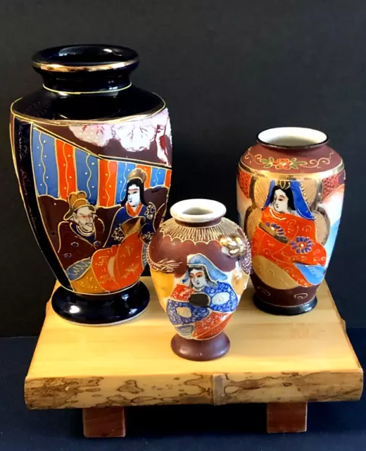 3-Japanese VASES Moriage Dragon Ware +Antique Fine Japan Satsuma Porcelain 71/2"