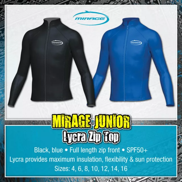 MIRAGE Junior Lycra Zip Rash Shirt Top Long Sleeve Scuba Diving Swimming Kids