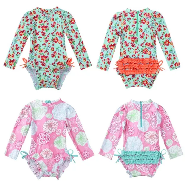 Baby Girls Long Sleeve Swimsuit Rash Guard One Piece Floral Printed Bathing Suit