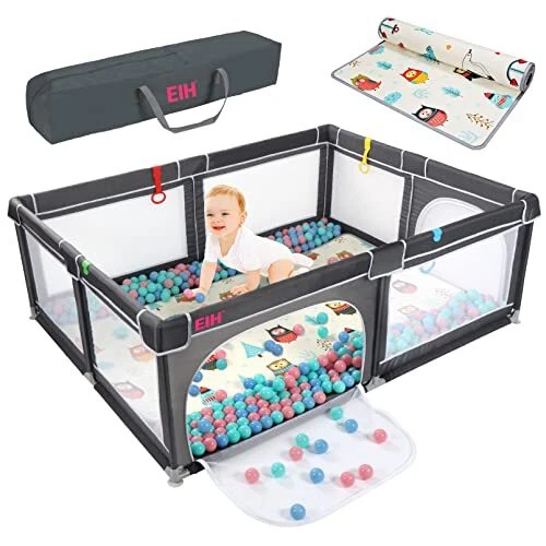 79in x 59in Baby Playpen, Extra Large Large. 79"x39"Mat&50 Balls Dark Grey