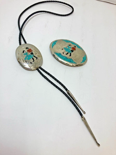 Silver Tone Square Dance Belt Buckle Bolo Tie Leather Cord Turqoise Coral
