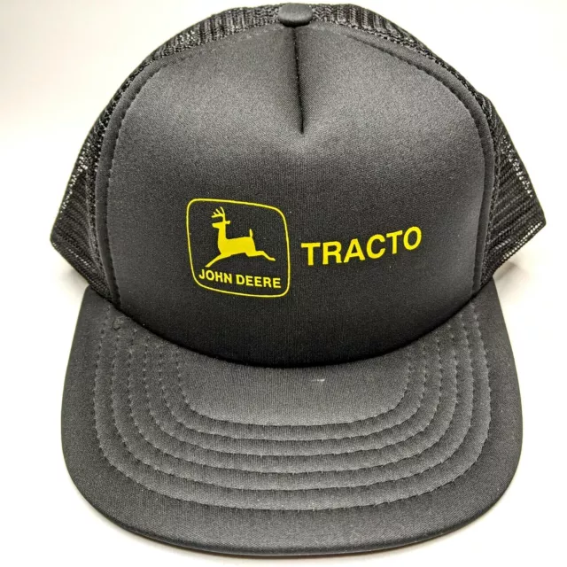 Black John Deere Tracto Hat Snapback Mesh Back Flat Bill Cap Tractor Vtg NOS F2