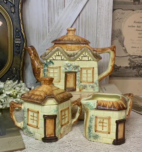 Vtg 1940's Keele St. Pottery England Cottage Ware Teapot, Sugar Bowl, & Creamer