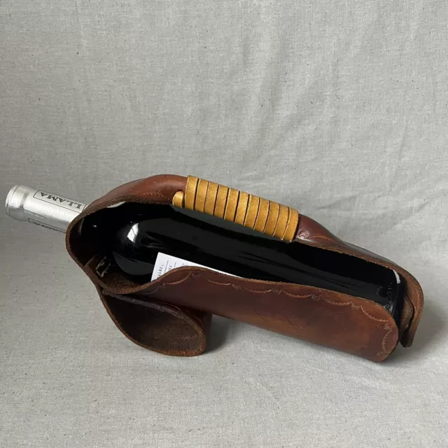 Envision Leather Wine Bottle Carrier Server Stand Snap Closure Wrapped Handle