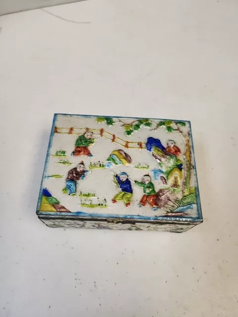 AMAZING RARE DECORATED Antique Chinese Cloisonne Enamel Box Brass Wood 4.5"X3.5"