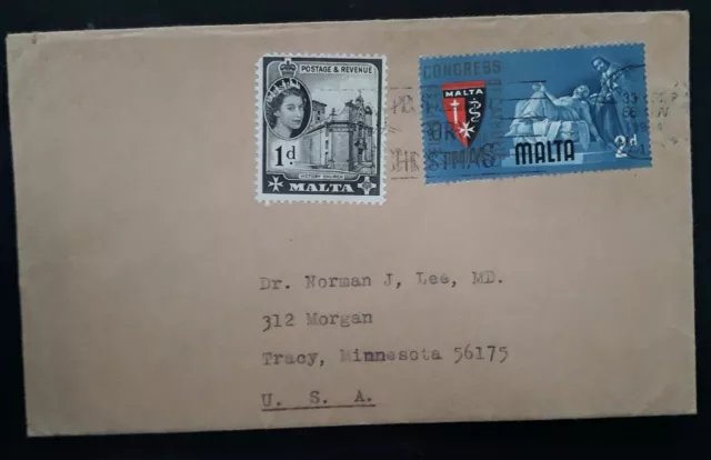 1964 Malta Cover ties 2 stamps cancelled Valletta to Tracy USA