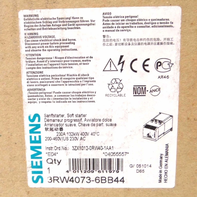 New Siemens 3RW4073-6BB44 SIRIUS Soft Starter S12 230 A 132 kW 3RW40736BB44