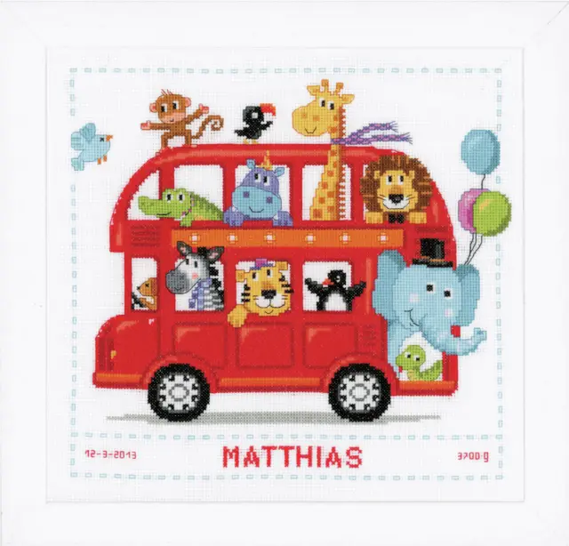 Vervaco Counted Cross Stitch Kit: Birth Record: Funny Bus