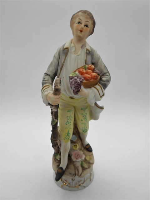 Figurine En Biscuit Jeune Homme Au Panier De Fruits En Porcelaine Allemande