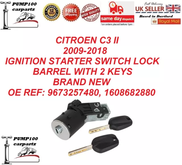 For Citroen C3 Ii 09-18  Ignition  Starter Switch Lock  Barrel Lock With 2 Keys