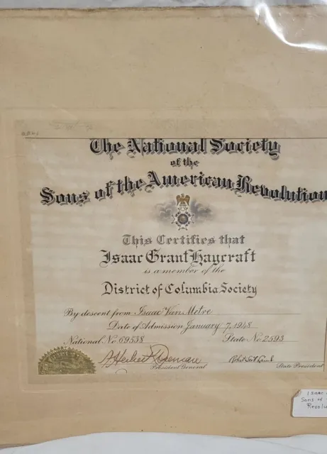 1948 Sons of the American Revolution certificate ISAAC GRANT HAYCRAFT
