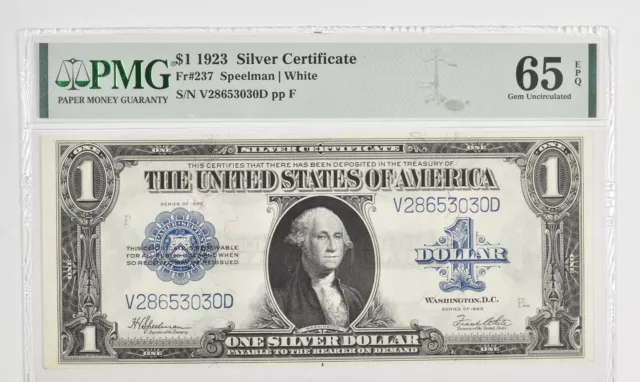 $1 1923 Silver Certificate - Large Note - PMG - 65 EPQ GEM UNC Fr# 237 *1004