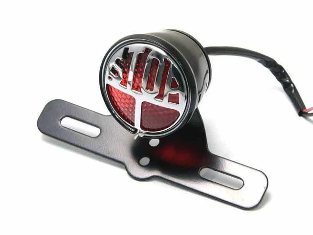 Fanale Posteriore Moto Con Lente Rossa, 12V - Luce Stop Per Bobber Chopper Custom - Supporto Metallico - 2