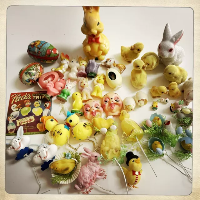 Massive Lot 46 Vintage Easter Decorations Flocked Picks Bunny Chick Candles