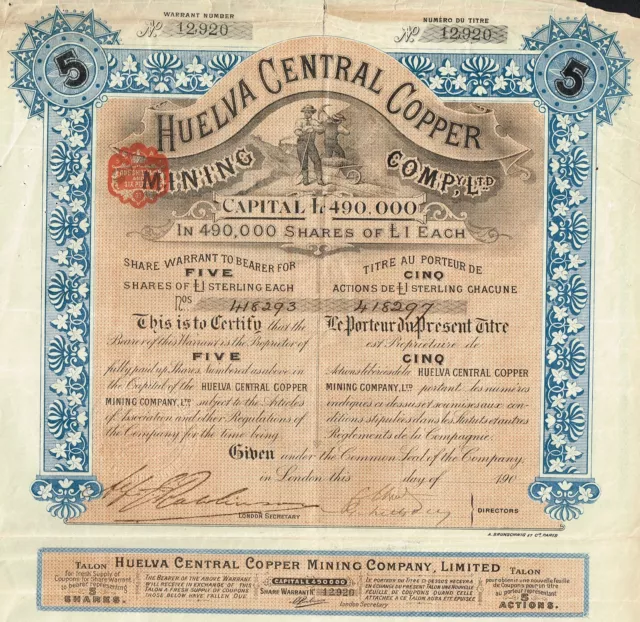 SPAIN HUELVA CENTRAL COPPER stock certificate 1902  5SH