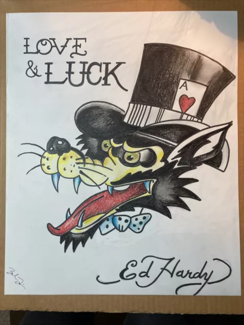 ED HARDY WOLF Tattoo Artwork Love & Luck Original Colored Pencil ...