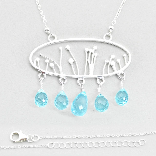 Hand Carved 14.53cts Checker Cut Natural Blue Topaz Drop Silver Necklace U64389