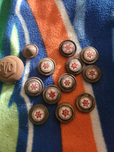 11x Antique Victorian Curtain Tie Back, Brass & Red Silver Star Under Glass