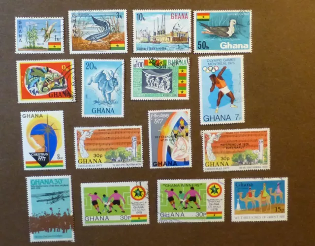 Briefmarken Ghana. 16 Stück, papierfrei, 1960-70er