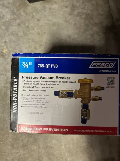 FEBCO 765-3/4" BACK FLOW PREVENTER PRESSURE VACUUM BREAKER New in Box PVB Pro