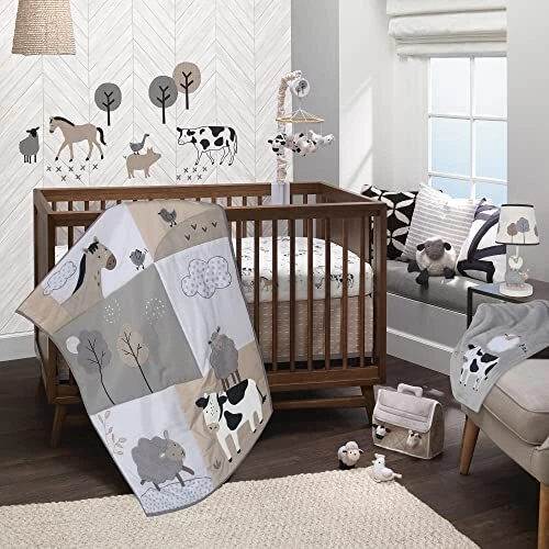 Baby Farm Animals 5-Piece White/Taupe Baby Crib Bedding Set