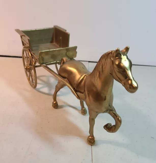 Solid Brass Horse & Wagon, Cart, Tarnished, Patina, Retro, Vintage,