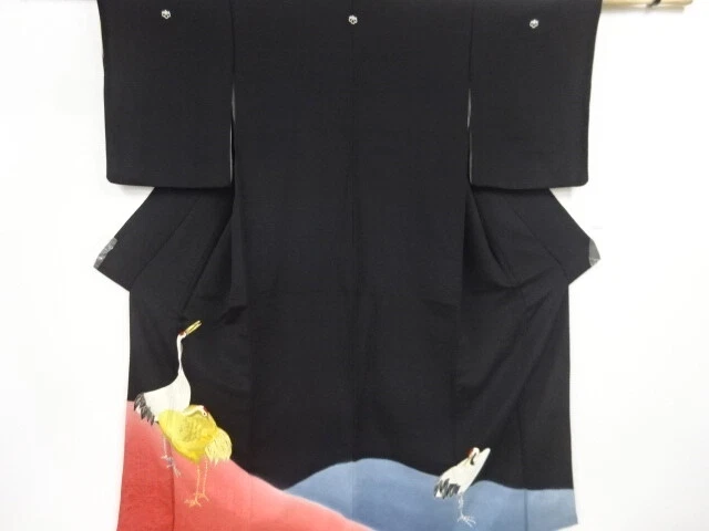 86361# Japanese Kimono / Antique Tomesode / Embroidery / Crane