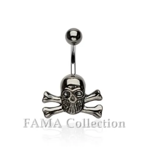 Unique FAMA Gun Metal Grey Skull with Cross Bones 316L Steel Navel Belly Ring