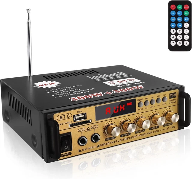 Etlephe Amplificateur Audio HiFi Stéréo Bluetooth 5.0, 12V 220V 600W 2 Canaux FM