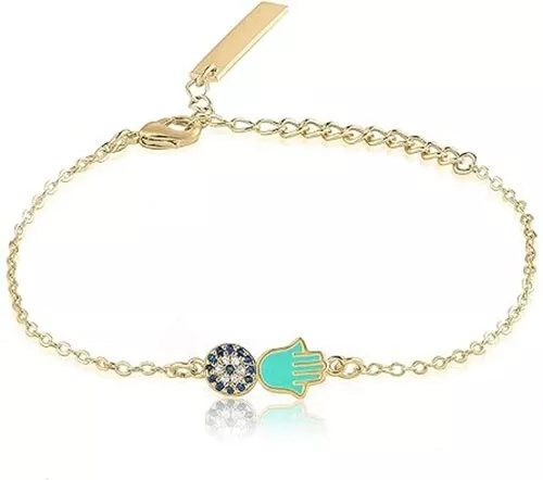 14k Gold-Filled Hamsa and Evil Eye Pendant Bracelet with Zirconia Diamonds in Go