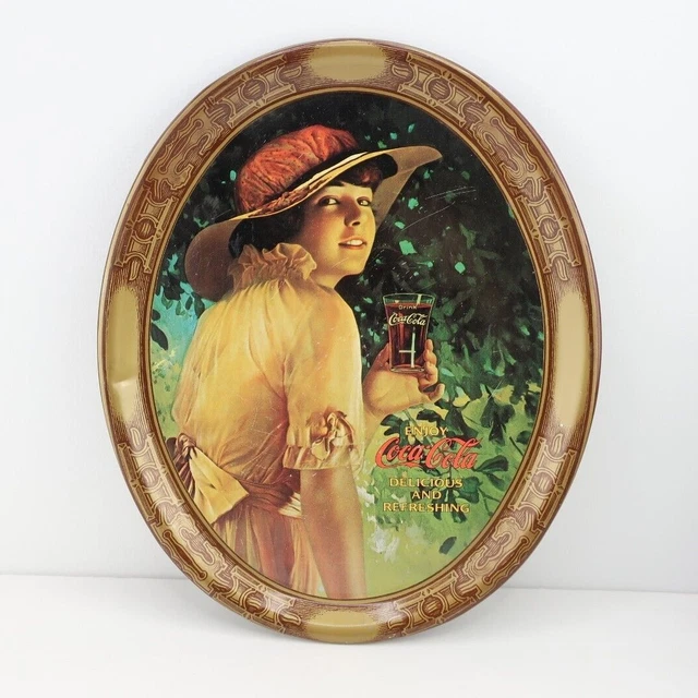 Vintage 1973 Drink Coca Cola Small Oval Tin Metal Tray Lady Coke