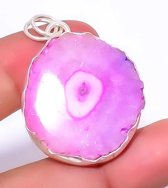 Pink Solar Quartz Eye Handmade Gemstone 925 Sterling Silver Pendant 1.76" A334