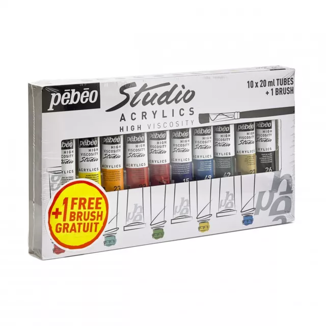 Pebeo Studio Acrylic Art & Craft Paint Set of 10 x 20ml Assorted Colours & Brush