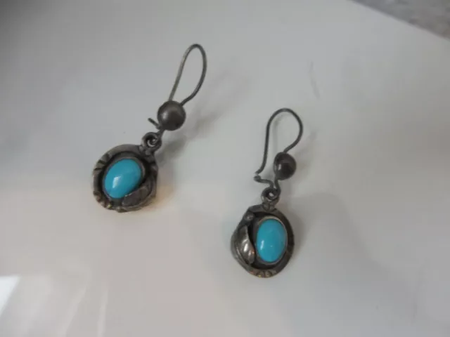 Beautiful Old Sterling Silver With Turquoise Earrings, Signed