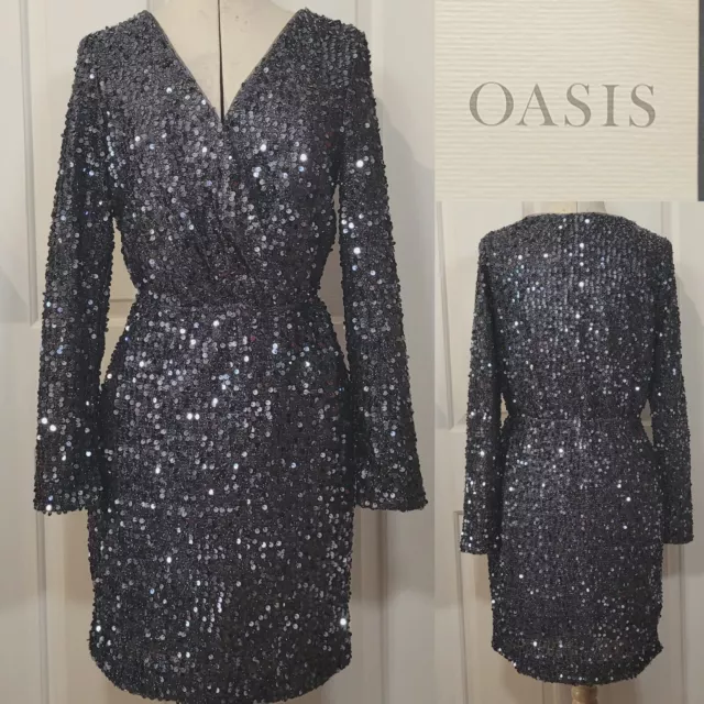 Oasis Womens Navy Sequin Mini Dress 3/4 Sleeve Size Small Party Occasionwear New