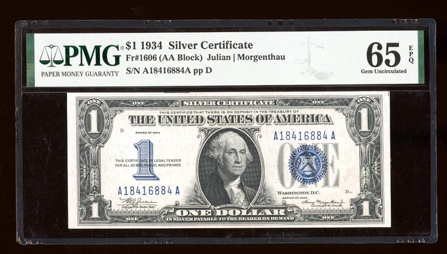 DBR 1934 $1 Silver Funnyback Gem Fr. 1606 AA Block PMG 65 EPQ Serial A18416884A