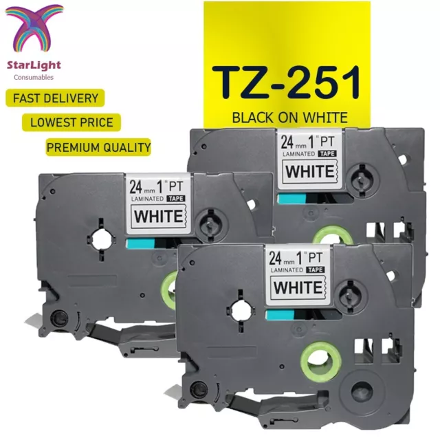 3 Label Tape Black on White Compatible With Brother TZ251 PT- E550WVP