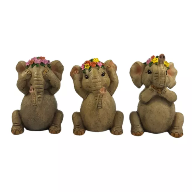 3pce See Hear Speak No Evil Wise Floral Elephants Statue Ornament Home Garden