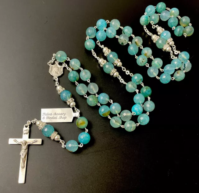 Semi Precious Aqua Marine Dragon Vein 10mm Stone & Sterling Silver 28” Rosary