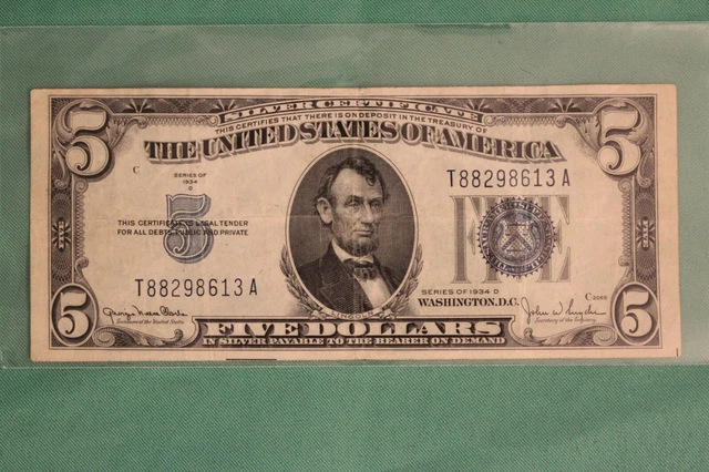 1934-D Five Dollar Silver Certificate $5 Bill Blue Seal Note Circulated
