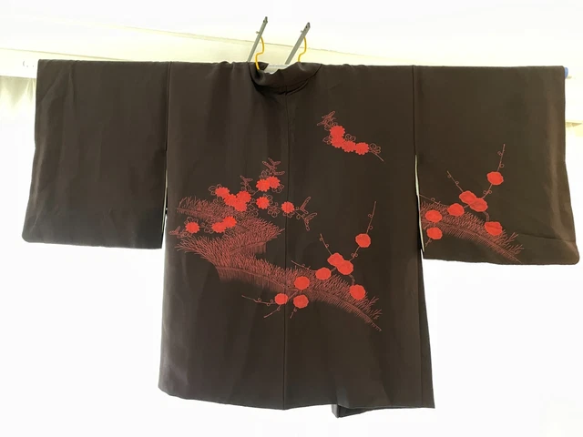 Vintage Kimono Japanese | brown Haori | Silk | red floral design