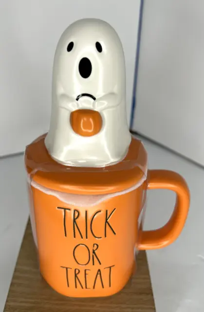 Rae Dunn by Magenta Orange Trick Or Treat Coffee Mug W/ Ghost Topper Halloween