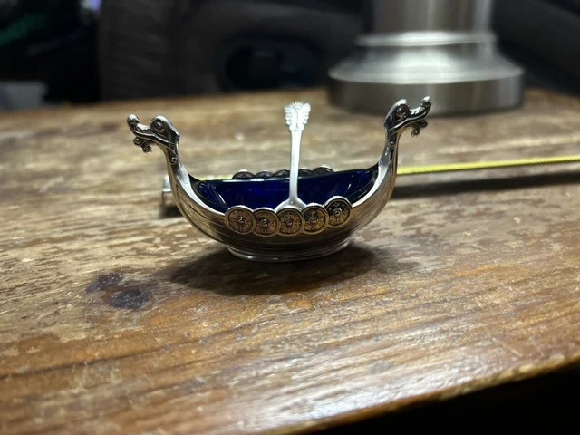 Theodor Olsen Norway Sterling Silver Blue Cobalt Spoon Viking Ship Salt Cellar