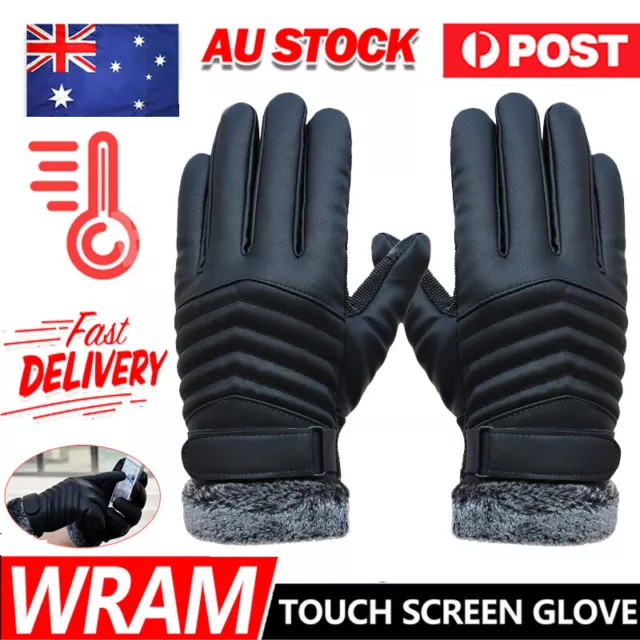 Men Winter Warm PU Leather Wool Wrist Gloves Touch Screen Full Finger Fur Mitten