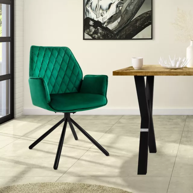 Silla de comedor asiento giratorio tapizado verde oscuro reposabrazos y respaldo