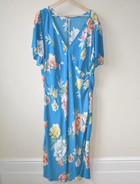 Ex New Look Blue+ Floral V-Neck Short Flutter Sleeve Midi/Maxi Dress Size 12