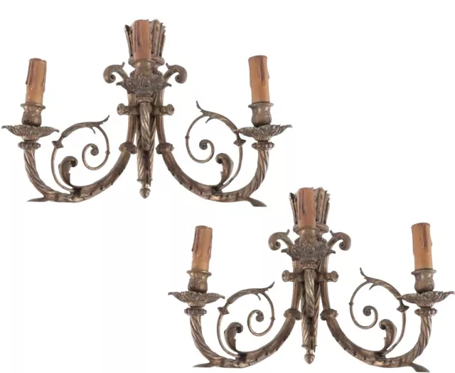 Antique Pair French Rococo Bronze Wall Sconces Three Arm ca 1940s Working 17”L